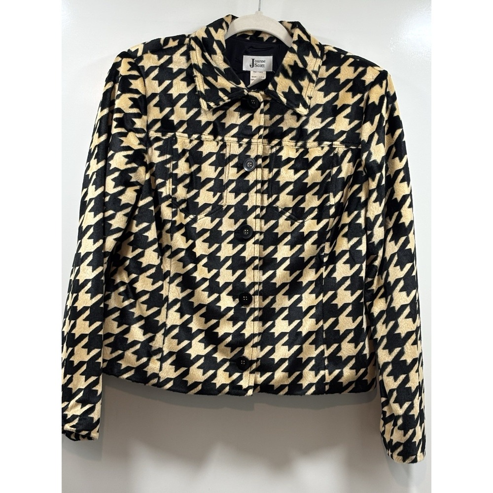 Vintage Joanne‎ Scott Jacket Faux Fur Houndstooth Black Tan Women's Size Medium